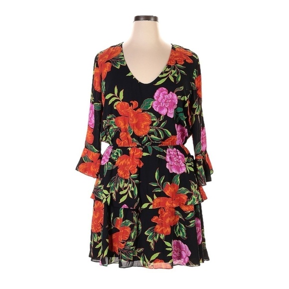 Express Floral Print Flare Sleeve Tiered Mini Dress Size XL NWT Chiffon V-neck - Picture 1 of 8
